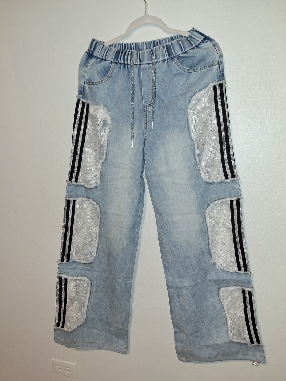 Light Wash Lace-Panel Wide Leg Jeans with Black Stripe Accents